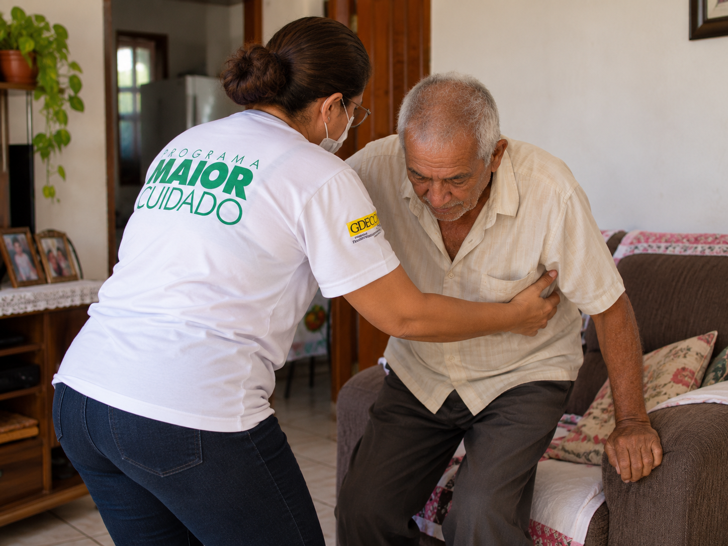 Profissional do Programa Maior Cuidado ajudando um idoso a se levantar do sofá em sua própria casa