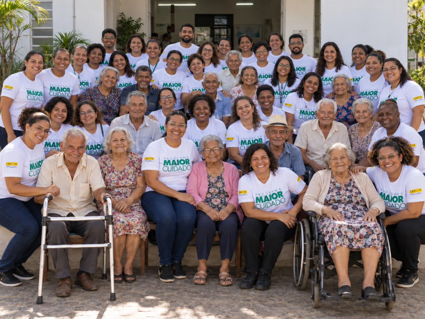 Grande grupo reunido com profissionais do Programa Maior Cuidado e pessoas idosas atendidas, sorrindo juntos em frente a um prédio