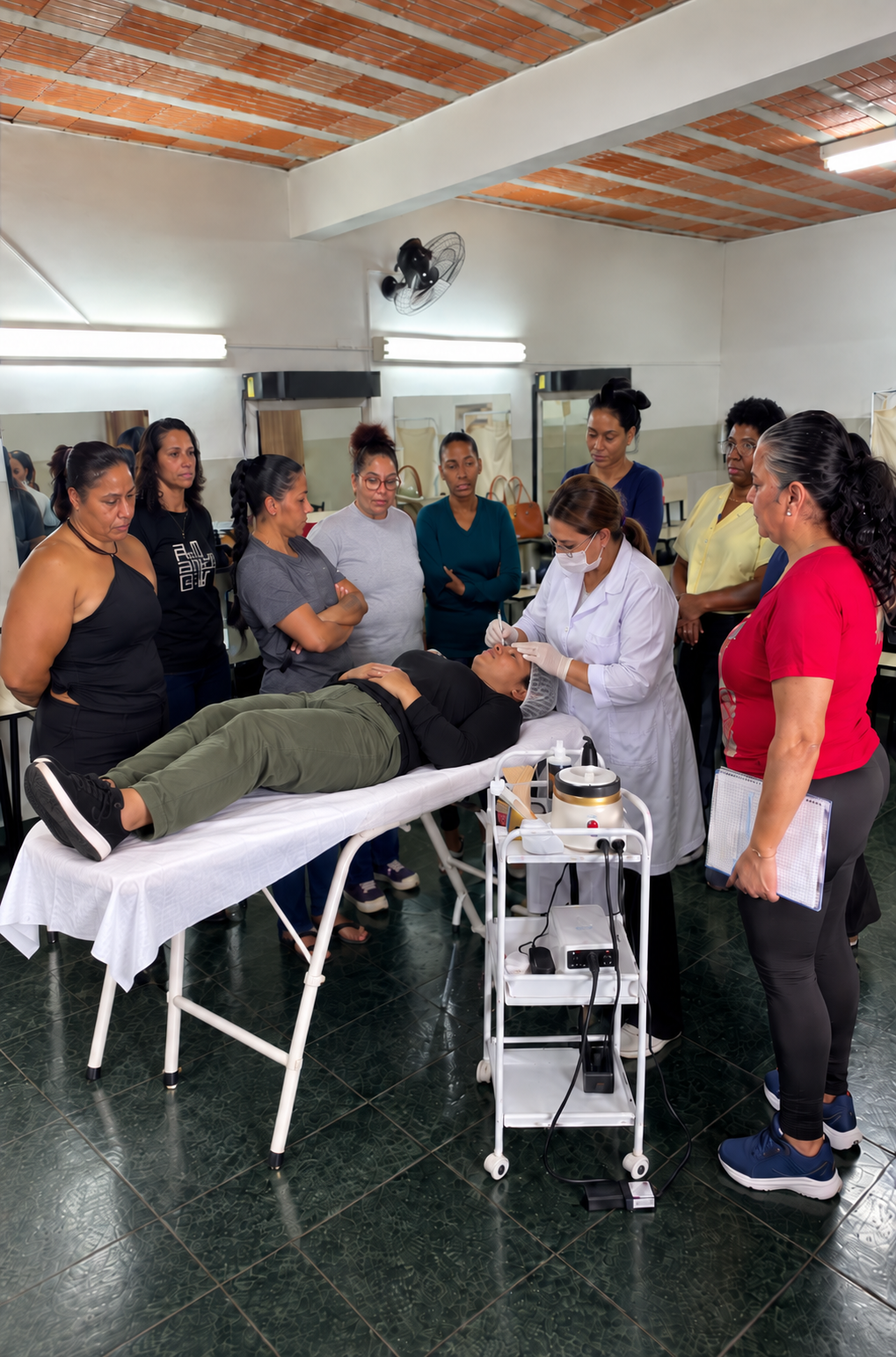 Grupo de pessoas observando uma demonstração de tratamento facial de estética em um treinamento prático