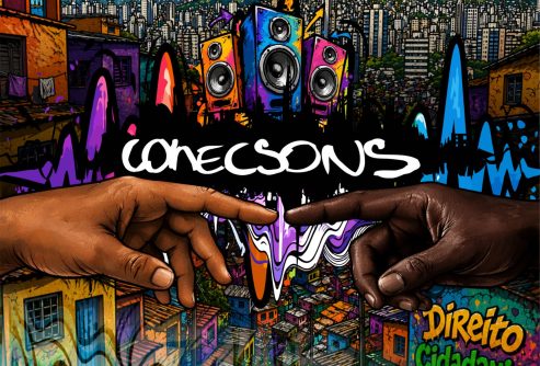 Ilustração colorida em grafite de um bairro popular, com duas mãos se tocando ao centro, caixas de som estilizadas ao fundo e as palavras 'Conecsons' e 'Direito' em destaque